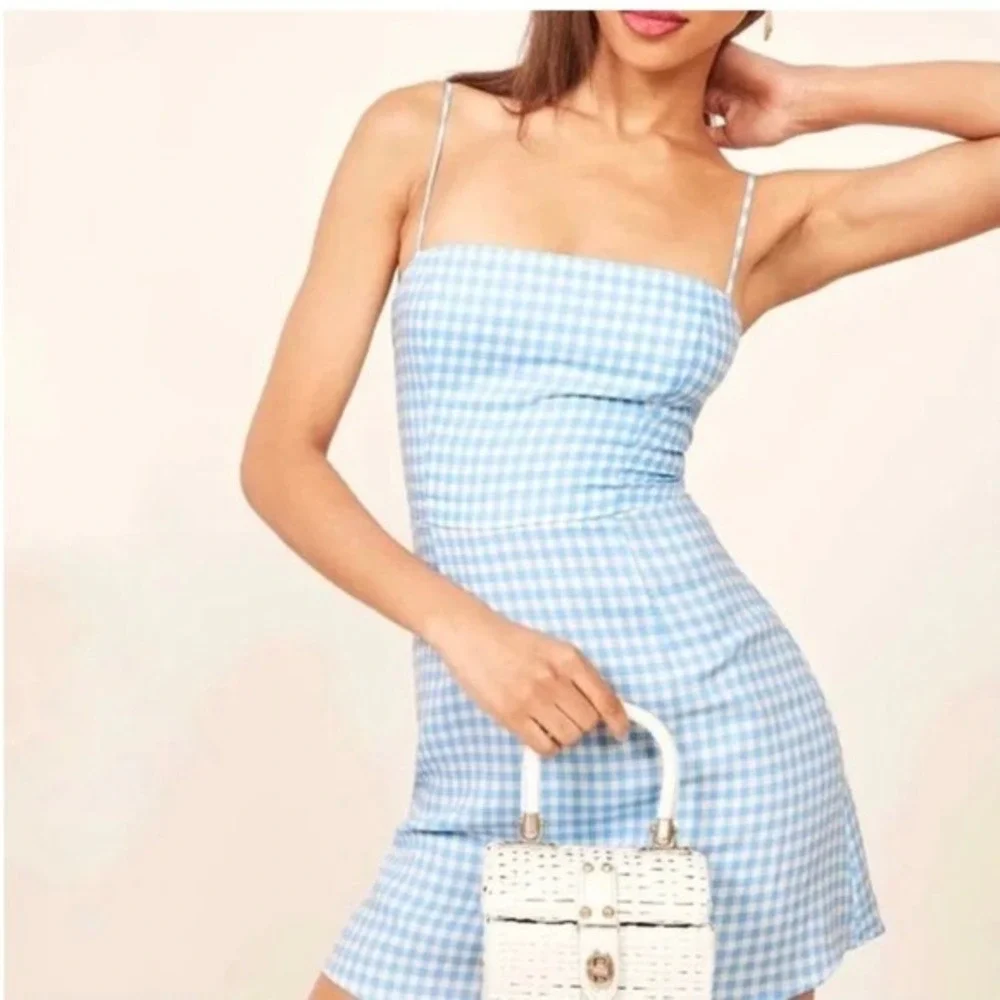Reformation Preston Gingham Dress Baby Blue Spaghetti Strap Mini Size 0‎